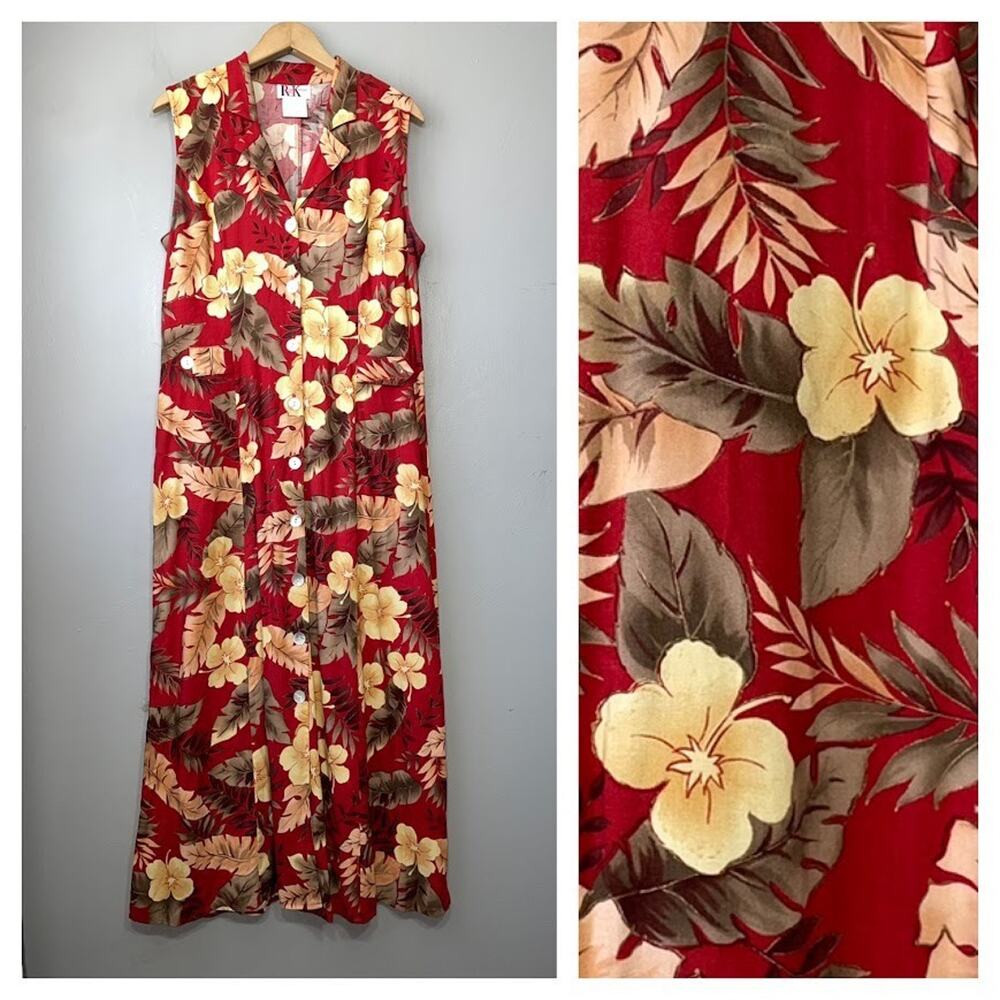R&K Originals Sleeveless Dress Size 10 Red Tropical Floral Hawaiian Vacation